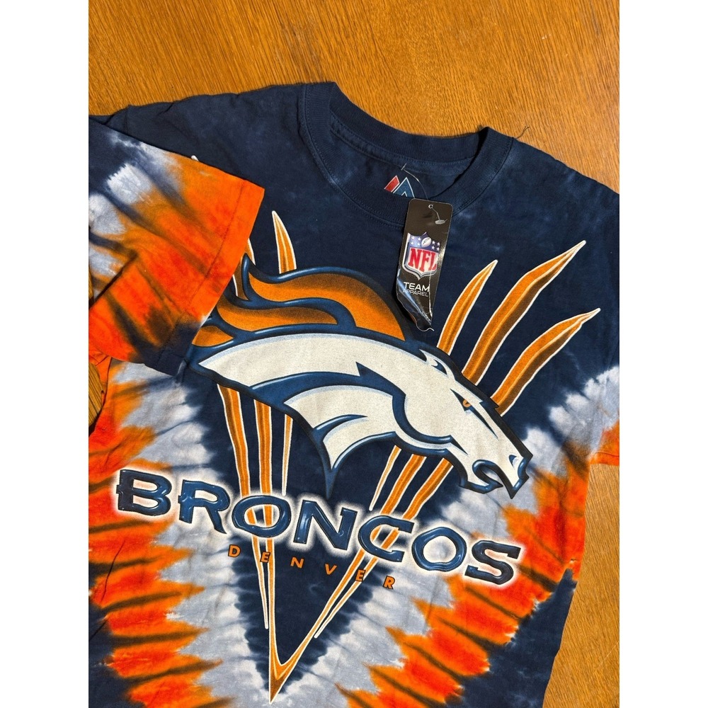 Denver Broncos Tie Dye T Shirt Medium NWT NFL Team Apparel Majestic Double Sided